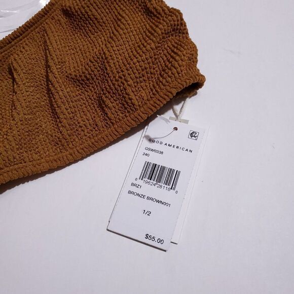 Good American Crinkle One Shoulder Bikini Swim Top Always Fits Brown Size 1/2 - Picture 6 of 8